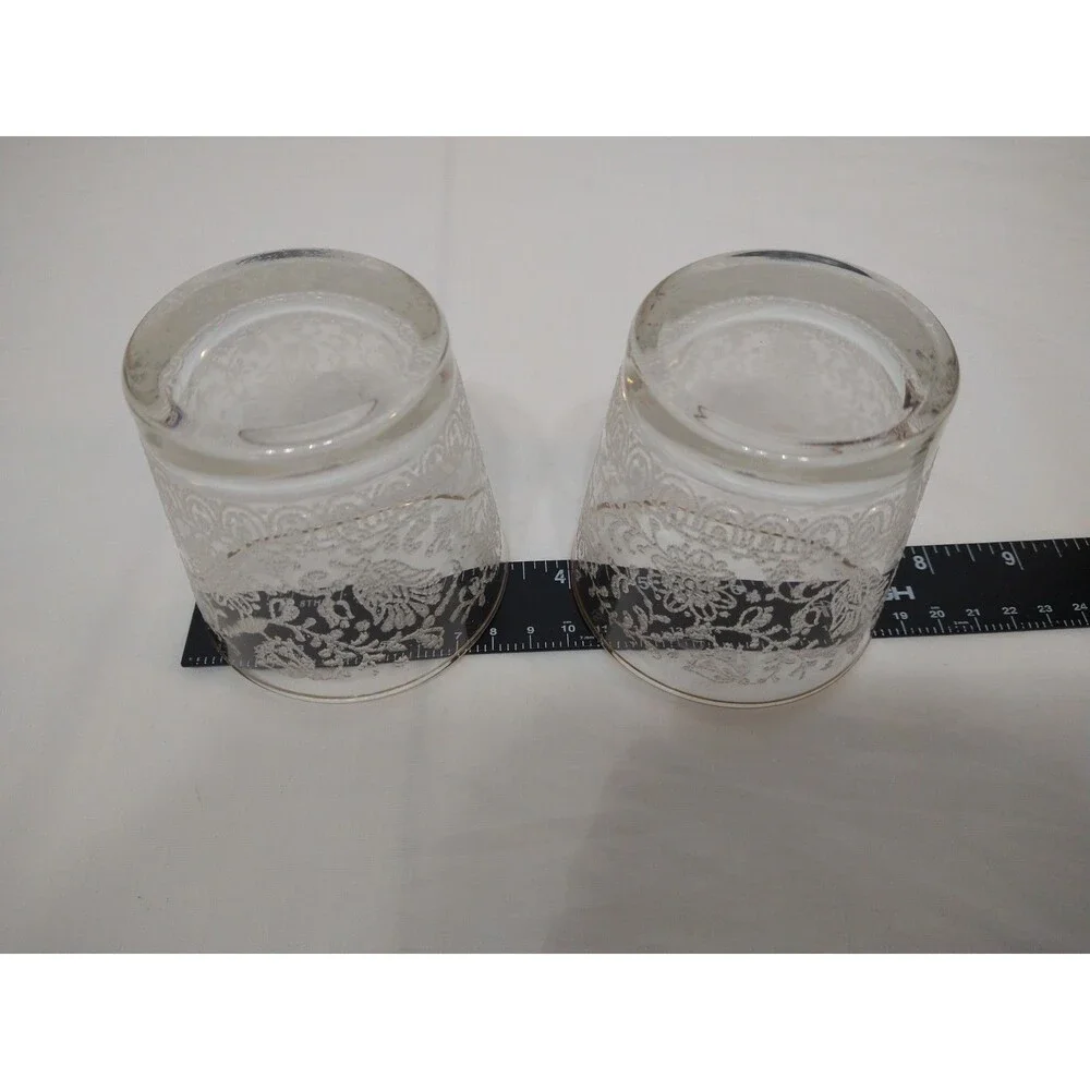 Set of 2 Vintage Gold Band Rim Whiskey Glasses Raised Floral Etch Old Fashioned